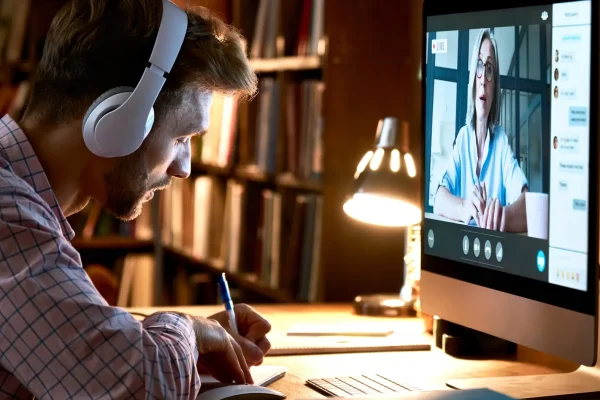Male,Student,Wearing,Headphones,Conference,Video,Calling,,Watching,Webinar,,Online